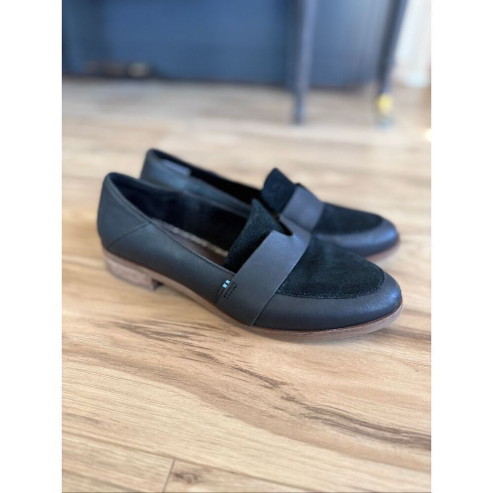 Tom’s Womens Black Leather Suede Almond Toe Estel Loafers Flat Shoes Size 8